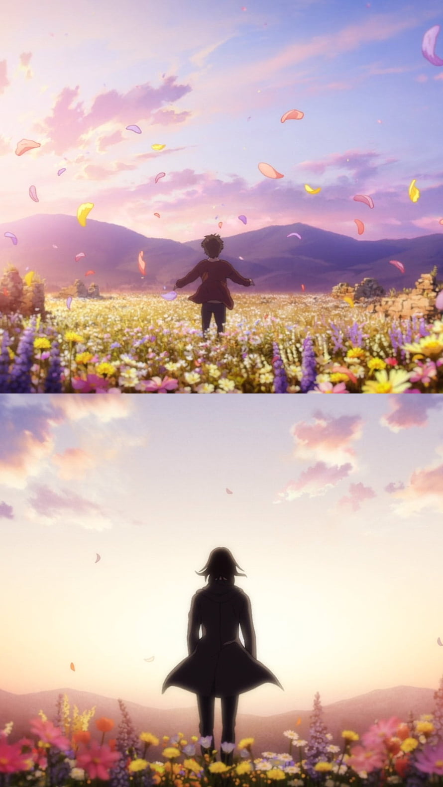 Attack on Titan Eren Yeager Silhouette in Vibrant Flower Field at Sunset HD phone wallpaper