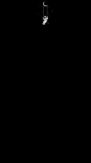 Minimalist Astronaut Swinging on a Crescent Moon Against a Black Space Background HD phone wallpaper