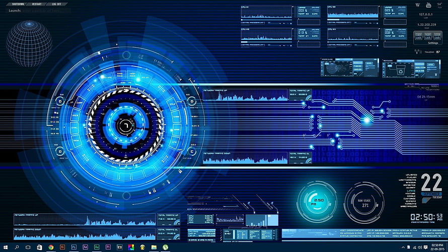 Futuristic Blue Holographic HUD Interface with Circuit Board and Data Dashboard HD wallpaper