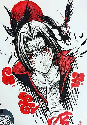 Itachi Uchiha Anime Sketch with Red Clouds and Crow HD phone wallpaper