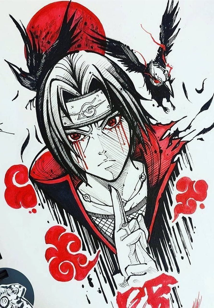 Itachi Uchiha Anime Sketch with Red Clouds and Crow HD phone wallpaper
