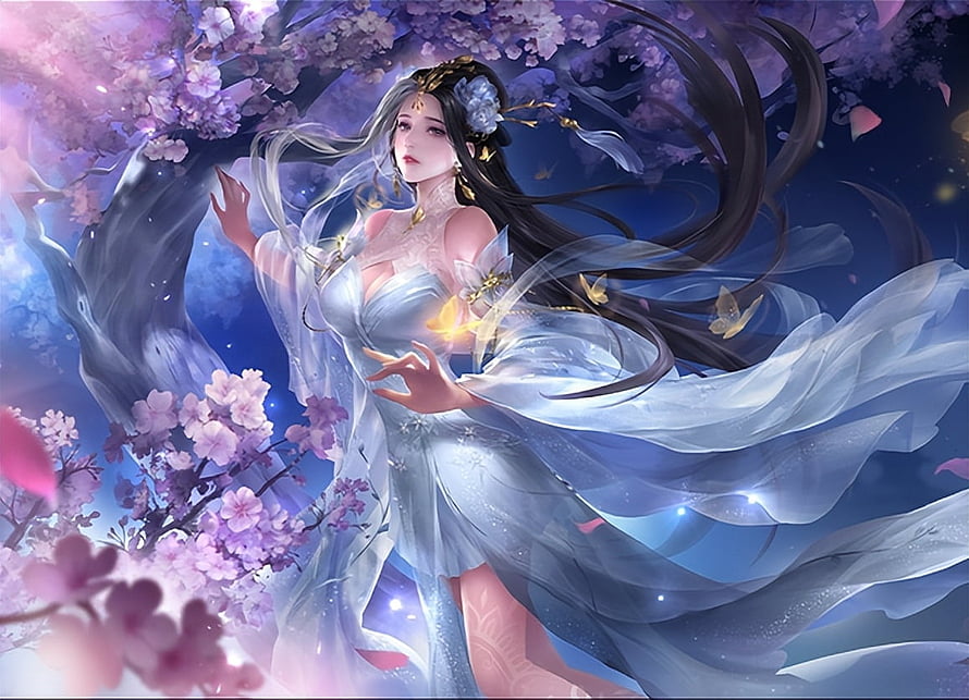 Ethereal Fantasy Woman in Flowing White Veils Under Blossoming Cherry Trees HD wallpaper