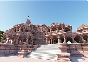 Ayodhya Ram Mandir Grand Architecture With Pink Sandstone Facade And Central Staircase HD wallpaper