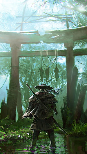 Ghost of Tsushima Samurai Standing in Misty Forest Ruins with Katana HD phone wallpaper