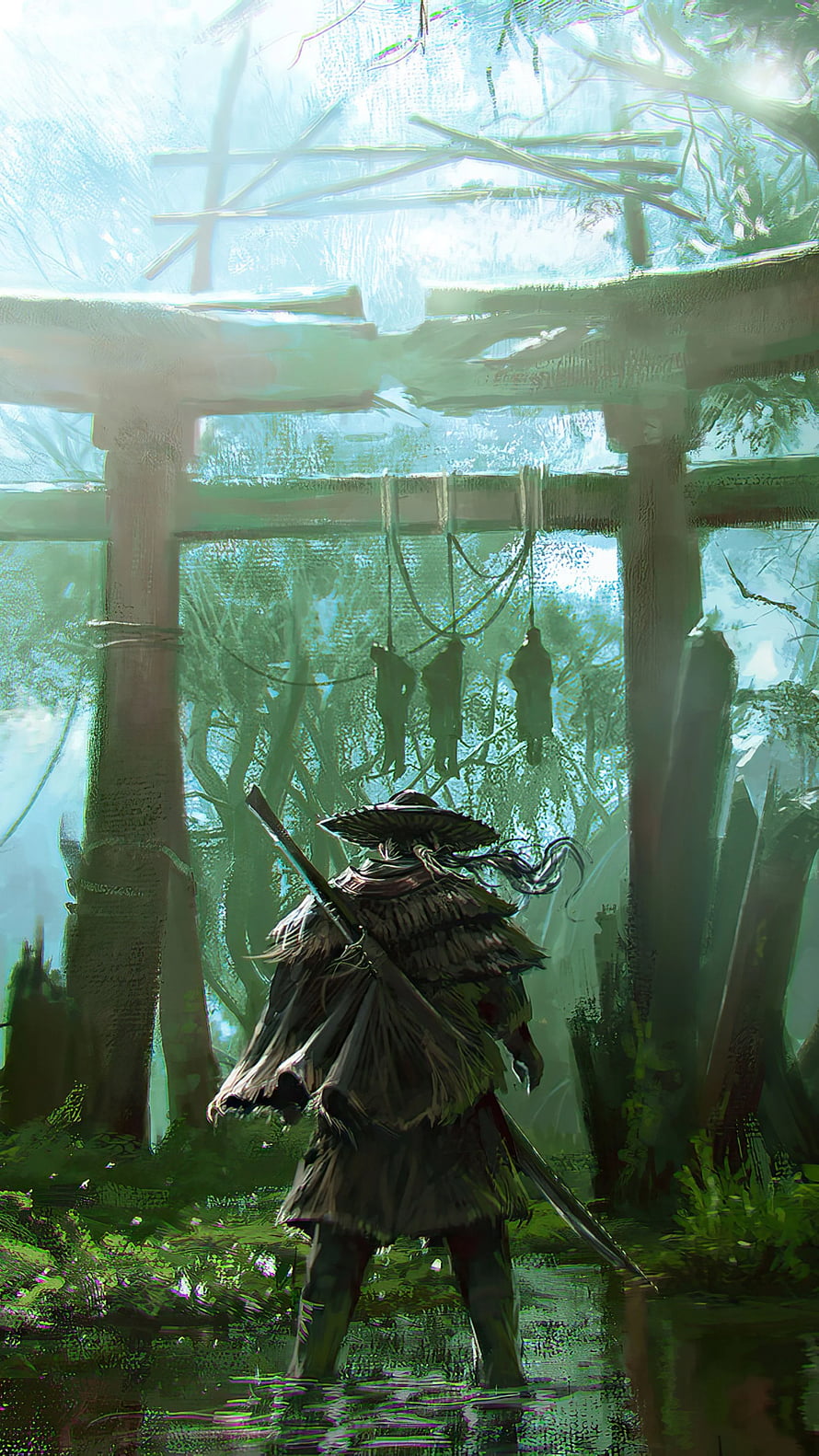 Ghost of Tsushima Samurai Standing in Misty Forest Ruins with Katana HD phone wallpaper
