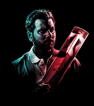 Rohit Sharma Mumbai Indians Cricket Portrait with Bat in Dramatic Red and Blue Lighting HD phone wallpaper