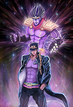 Jotaro Kujo and Star Platinum from JoJo's Bizarre Adventure in Dynamic Anime Art HD phone wallpaper