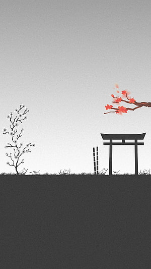 Minimalist Japanese Torii Gate with Cherry Blossoms and Plum Tree Silhouette HD phone wallpaper