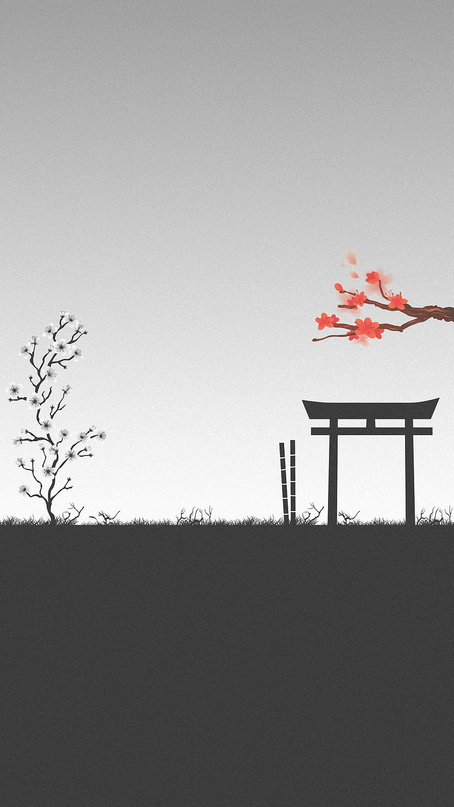 Minimalist Japanese Torii Gate with Cherry Blossoms and Plum Tree Silhouette HD phone wallpaper