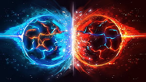 Neon Blue and Red Energy Orbs Colliding in Dark Space HD wallpaper