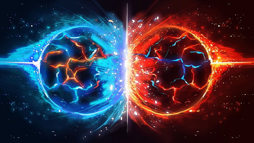 Neon Blue and Red Energy Orbs Colliding in Dark Space HD wallpaper