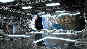 Futuristic Spaceship Interior with Earth View Through Large Window HD wallpaper