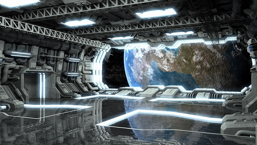 Futuristic Spaceship Interior with Earth View Through Large Window HD wallpaper