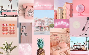 Pink Pastel Aesthetic Collage with Vintage Van, Retro Phone, and Tropical Elements HD wallpaper