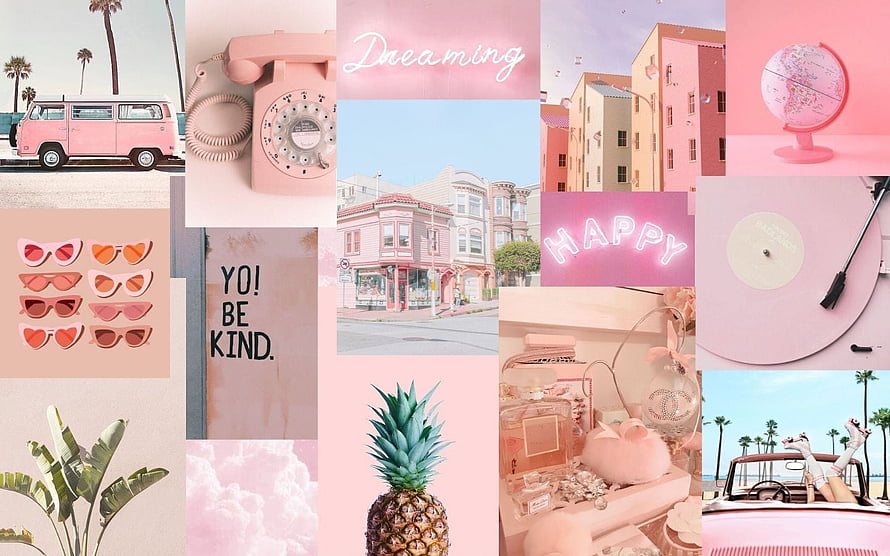 Pink Pastel Aesthetic Collage with Vintage Van, Retro Phone, and Tropical Elements HD wallpaper