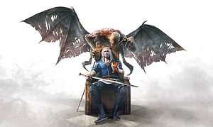 Geralt of Rivia seated on a throne with a gargoyle from The Witcher 3 Wild Hunt HD wallpaper