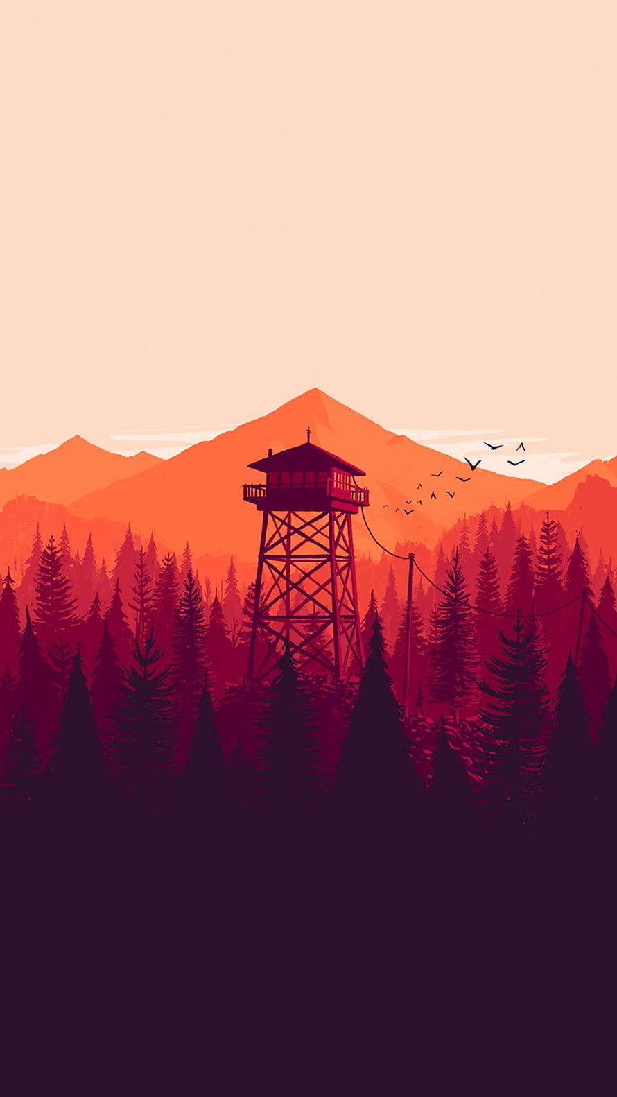 Minimalist Fire Watchtower in Pine Forest at Sunset with Mountain Silhouette HD phone wallpaper