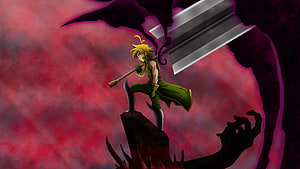 Meliodas from The Seven Deadly Sins Standing on a Rock with a Giant Axe Against a Crimson Sky HD wallpaper