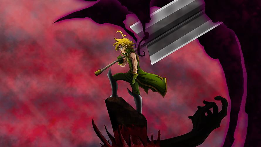 Meliodas from The Seven Deadly Sins Standing on a Rock with a Giant Axe Against a Crimson Sky HD wallpaper