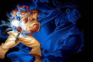 Ryu unleashing Hadouken in dynamic Street Fighter artwork with electric energy and dramatic blue backdrop HD wallpaper