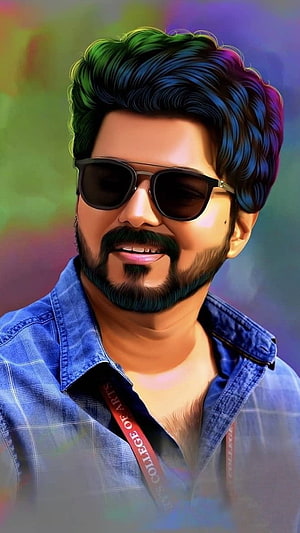 Vijay Digital Portrait in Sunglasses and Denim Shirt with Vibrant Background HD phone wallpaper