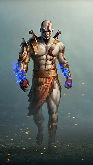 Kratos from God of War with Blue Flame Blades and Spartan Armor HD phone wallpaper