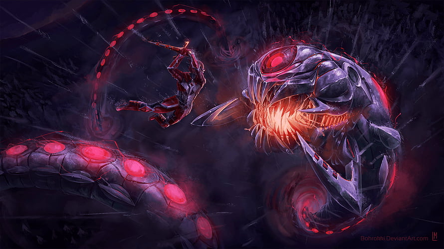 Terraria Destroyer Boss Fight Concept Art with Glowing Red Eyes and Dark Fantasy Style HD wallpaper