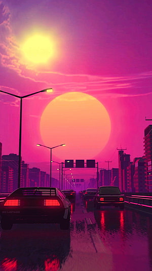 Neon Pink Cyberpunk Highway at Sunset with Retro Cars and City Skyline HD phone wallpaper