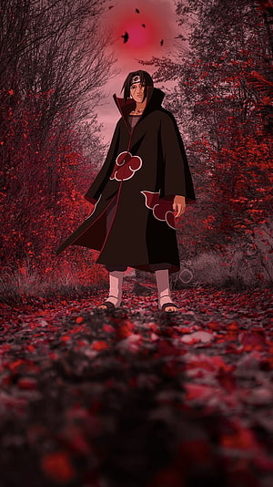 Itachi Uchiha in Akatsuki Cloak Standing in a Crimson Autumn Forest HD phone wallpaper