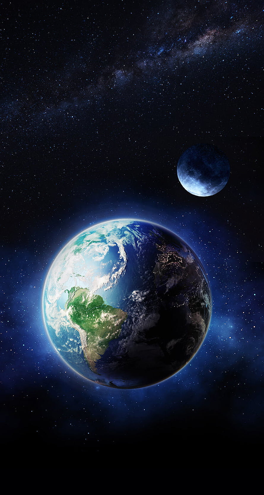 Earth and Moon in Deep Space with Starry Night Sky and Milky Way Nebula HD phone wallpaper