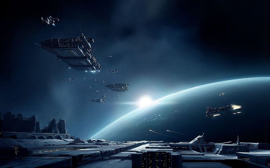 Futuristic Spaceship Fleet Orbiting a Distant Planet Above a Sci-Fi City HD wallpaper