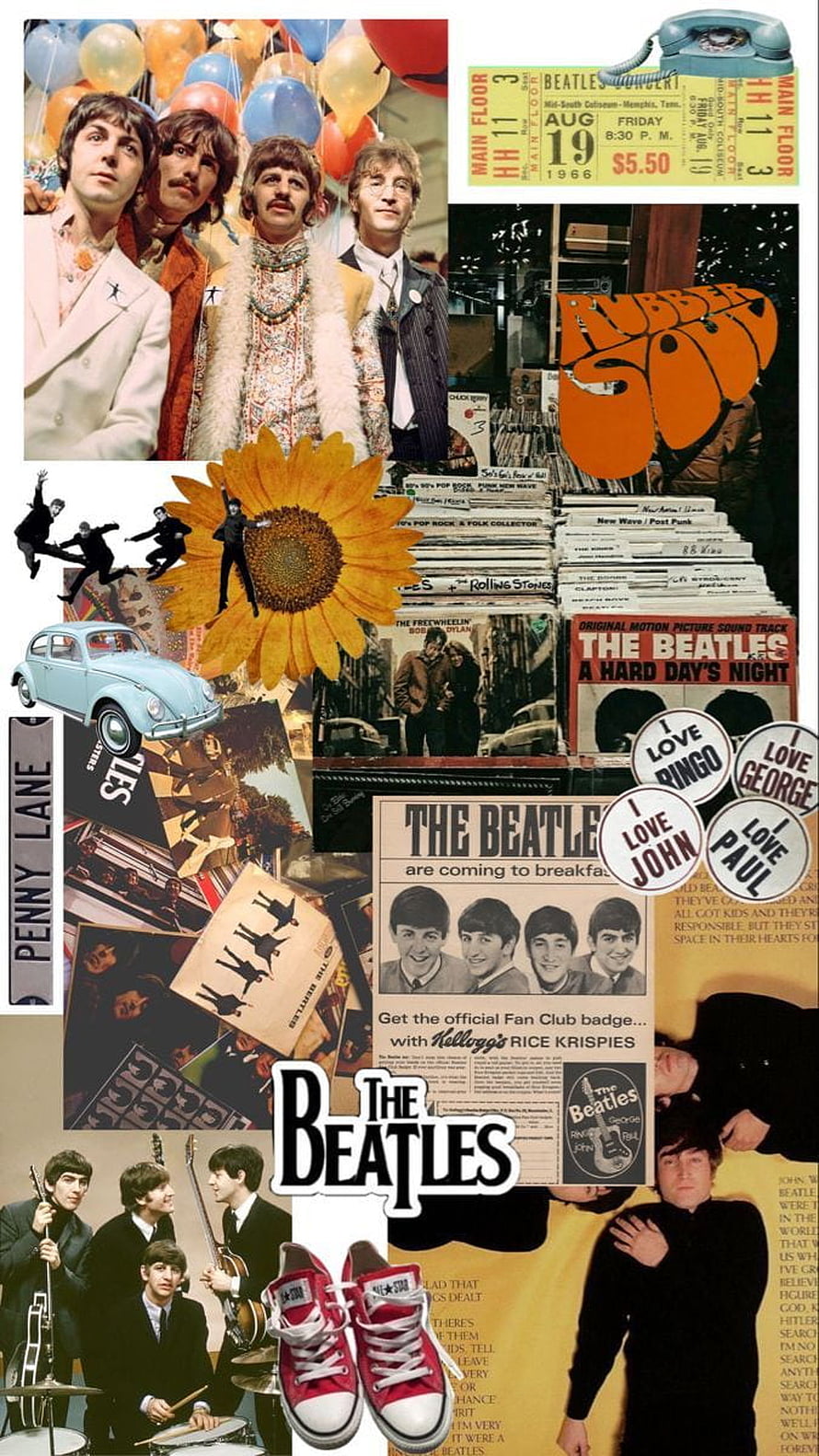 The Beatles Vintage Collage Poster Featuring Album Art, Concert Tickets, and Classic Band Photos HD phone wallpaper