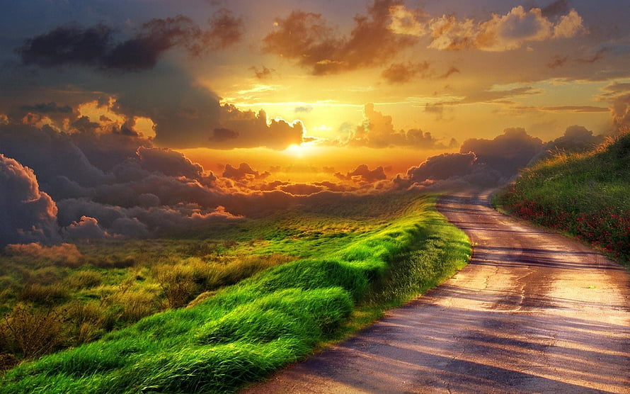 Sunset Road Through Green Hills Under Dramatic Clouds HD wallpaper