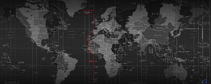 Dark Vintage World Map with Red Route Line and Grid Overlay HD wallpaper