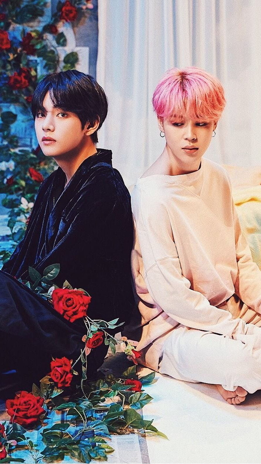 BTS V and Jimin Sitting Back to Back with Red Roses in a Softly Lit Studio HD phone wallpaper