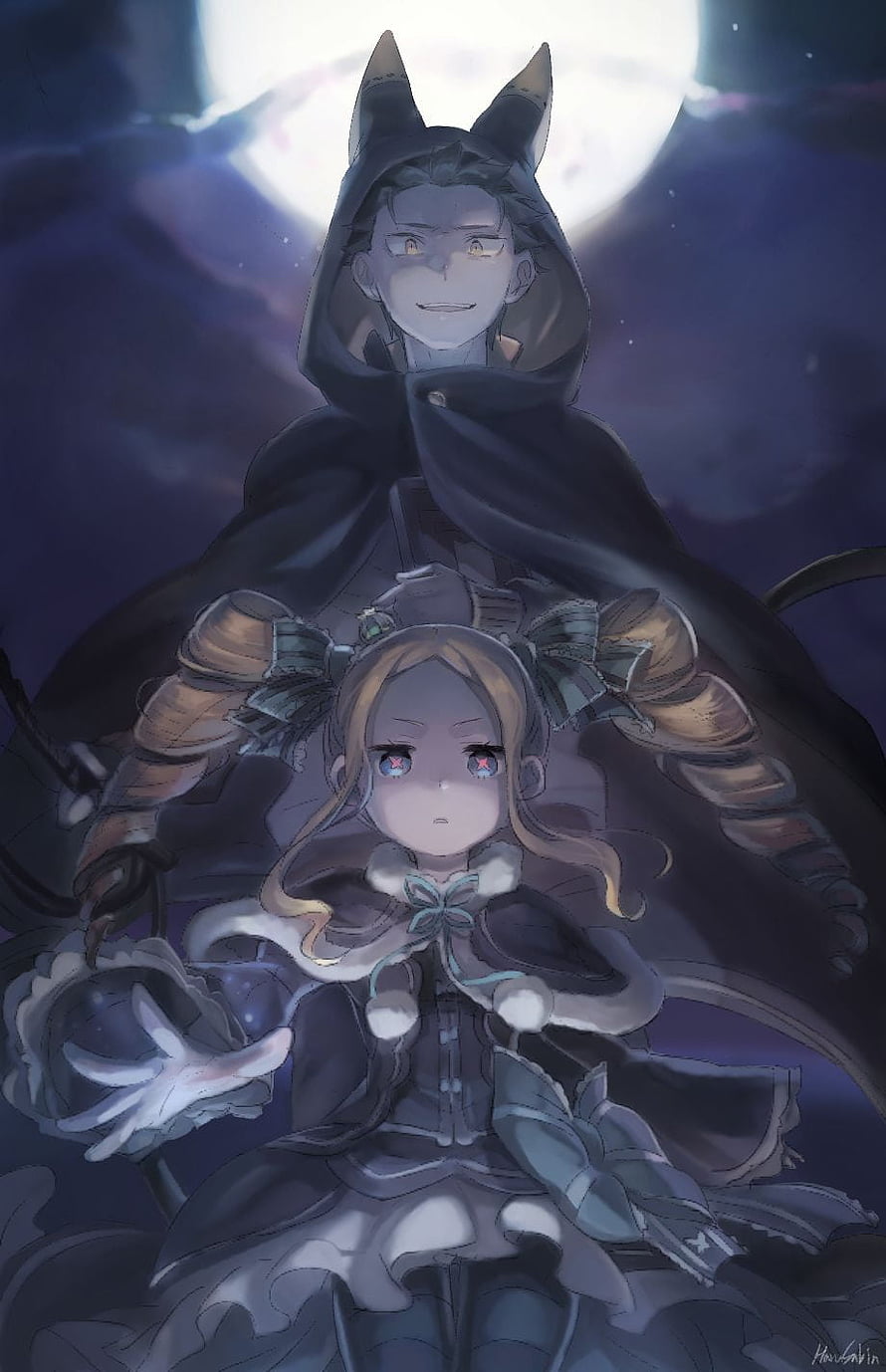Re Zero Anime Artwork Featuring Subaru and Emilia Under a Full Moon HD phone wallpaper