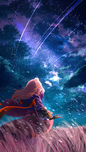 Bari from Guardian Tales Gazing at a Meteor Shower Over a Starry Night Sky HD phone wallpaper