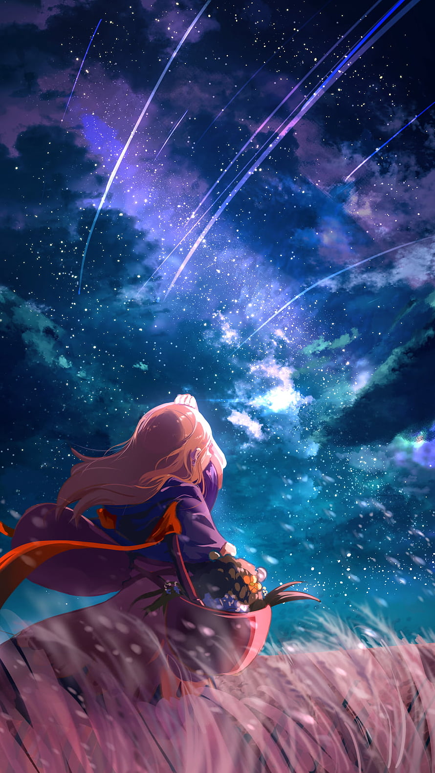 Bari from Guardian Tales Gazing at a Meteor Shower Over a Starry Night Sky HD phone wallpaper