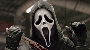 Ghostface from Scream holding a blood-stained knife in a dark industrial setting HD wallpaper