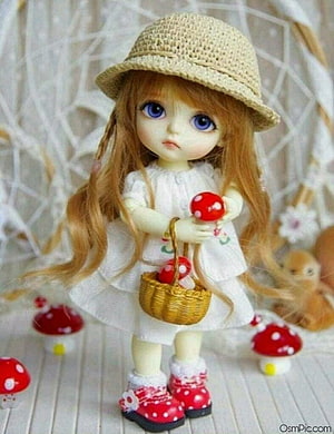 Cute Blythe Doll in White Dress and Straw Hat Holding Mushroom Basket HD phone wallpaper