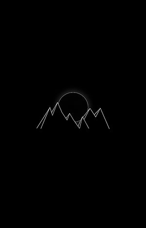 Minimalist white line art of mountain peaks and a glowing moon on a solid black background HD phone wallpaper