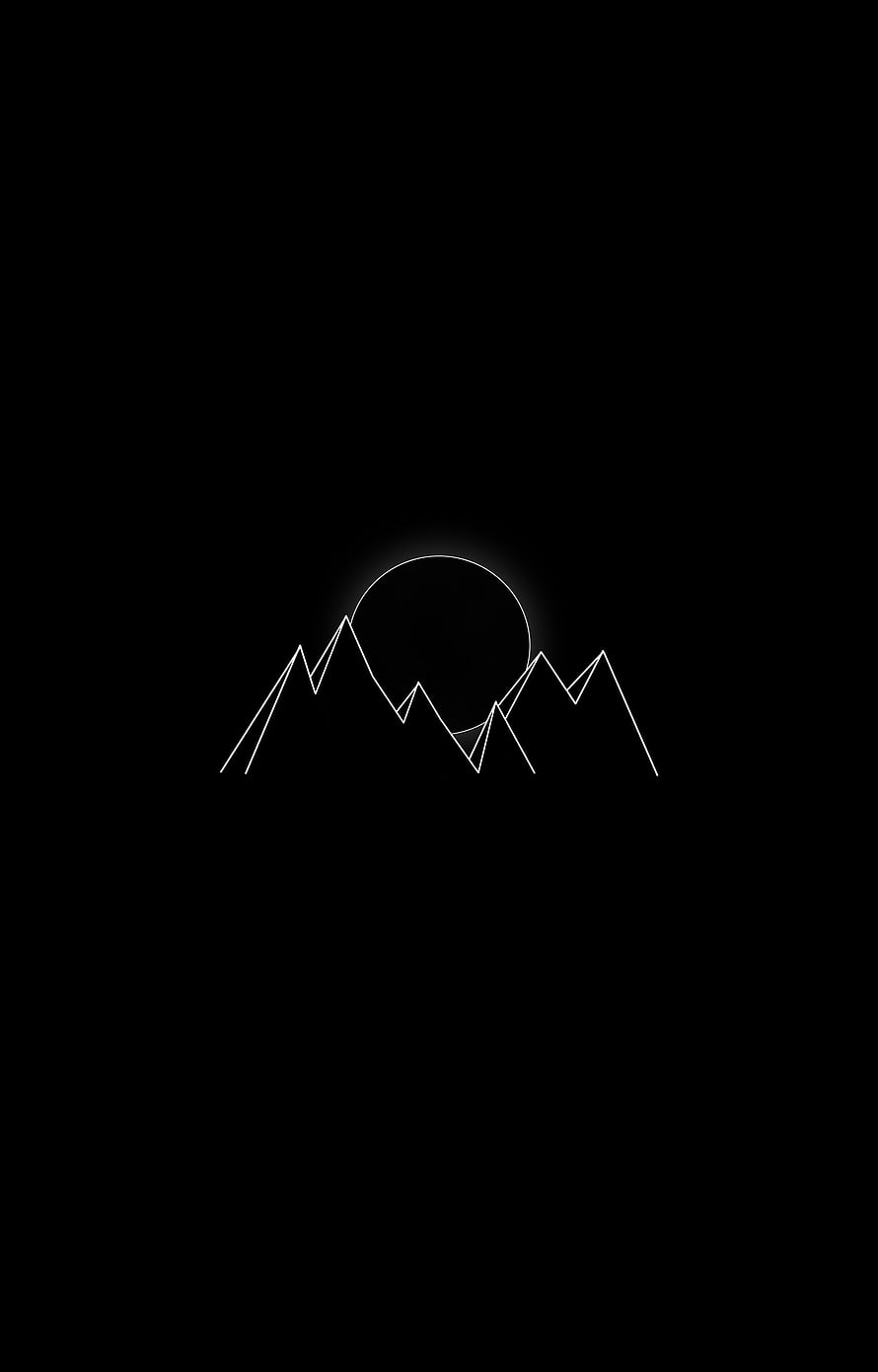 Minimalist white line art of mountain peaks and a glowing moon on a solid black background HD phone wallpaper