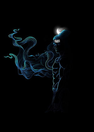 Lord Shiva Neon Line Art with Cobra and Crescent Moon on Black Background HD phone wallpaper