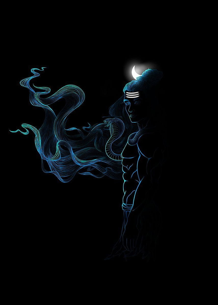 Lord Shiva Neon Line Art with Cobra and Crescent Moon on Black Background HD phone wallpaper