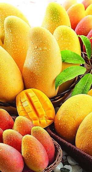 Fresh Ripe Mangoes with Water Droplets and Green Leaves in Wicker Baskets HD phone wallpaper