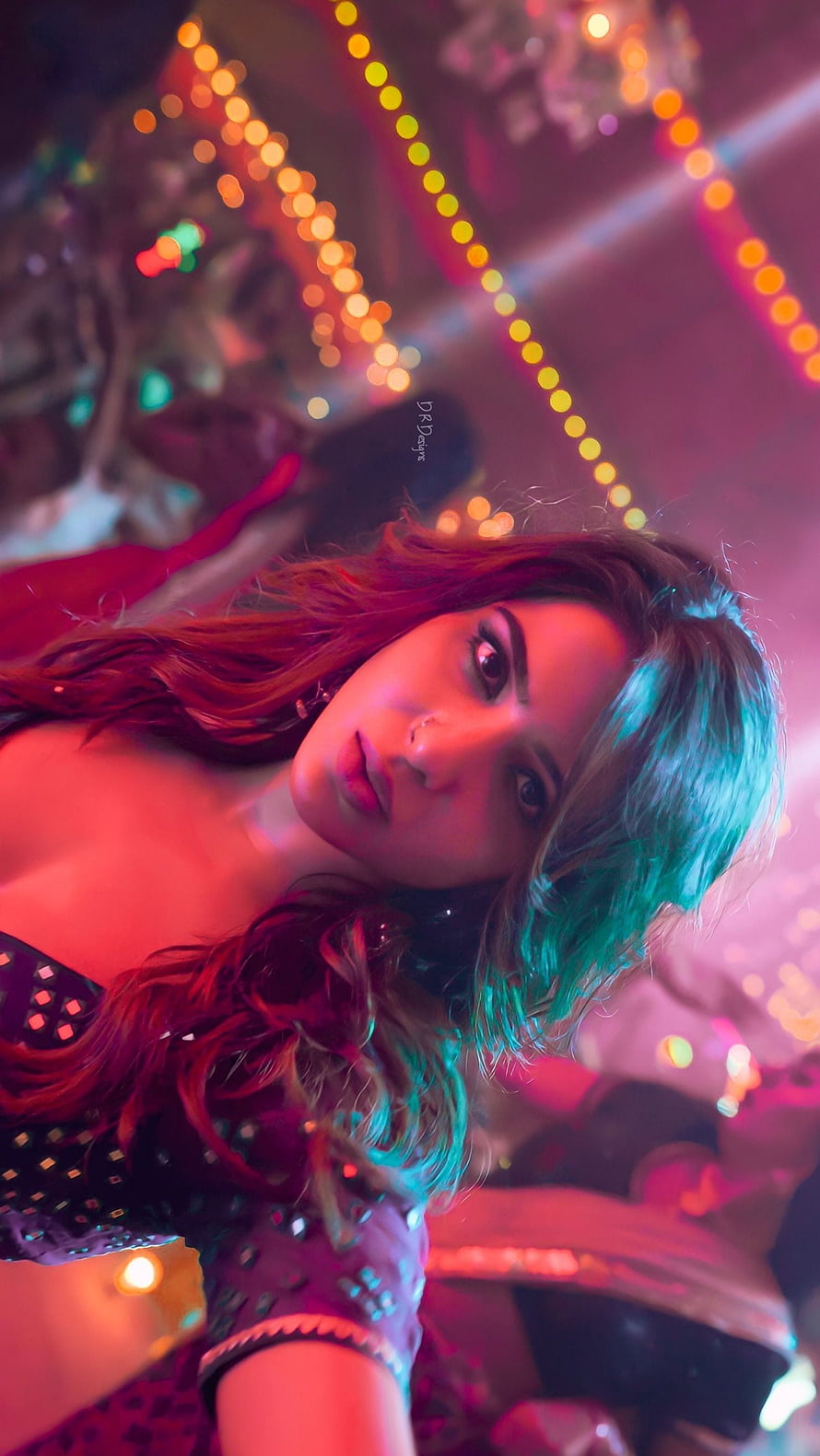 Samantha Akkineni in Pushpa with neon lighting and festive bokeh background HD phone wallpaper