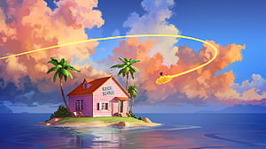 Kame House on a Tropical Island with a Flying Turtle in a Vibrant Sky HD wallpaper