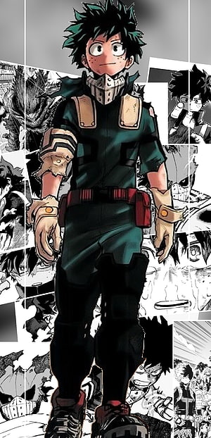 Izuku Midoriya Full Body in Hero Costume with Manga Panel Background HD phone wallpaper