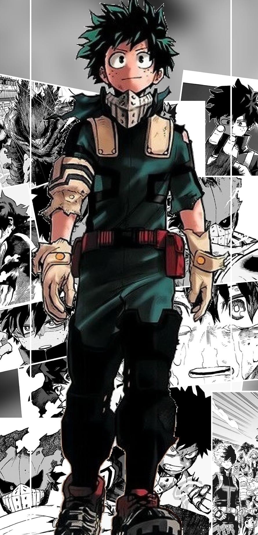 Izuku Midoriya Full Body in Hero Costume with Manga Panel Background HD phone wallpaper