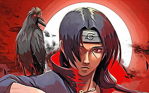 Itachi Uchiha with Raven in Dramatic Red Abstract Manga Style HD wallpaper